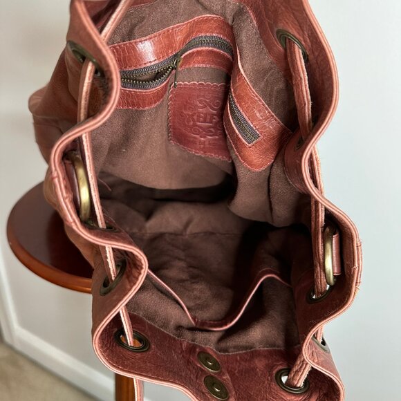 Bali Elf Women's Convertible Leather Backpack Bucket Bag Brown Checkerboard - Picture 5 of 7